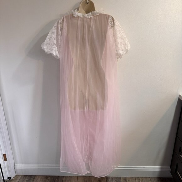 Vtg 50s 60s Nightgown Robe Set M Slip Chiffon Lace Satin Peignor Pink Lingerie - Picture 11 of 13